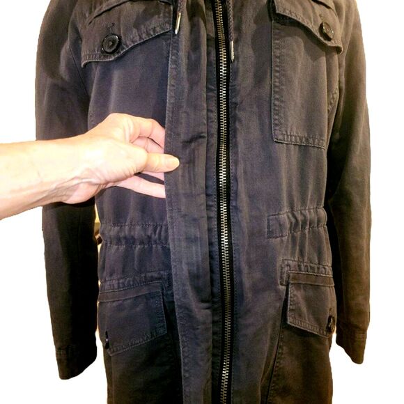 LOFT Cargo Utility Charcoal Grey Zip up & snap Removable Fur Trim Hood Petite Lg - Picture 8 of 10